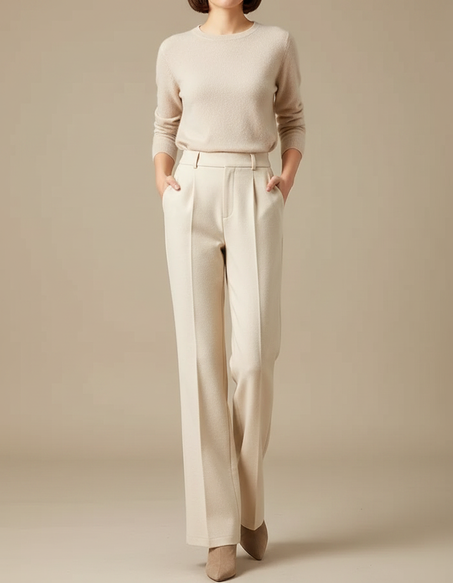 Pantalon À Pince Beige Écru Droit Fluide Élégant - Laine