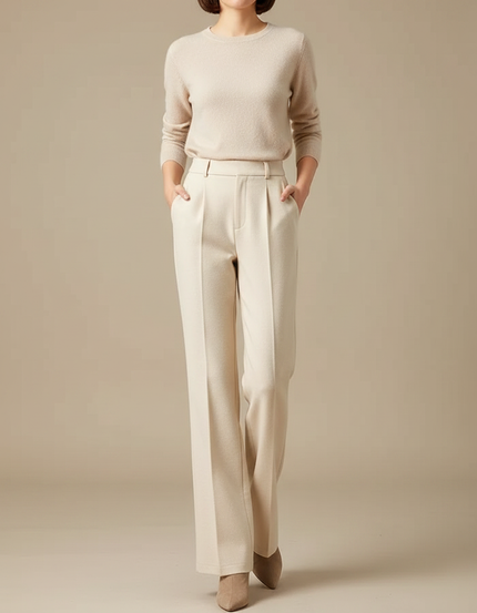Pantalon À Pince Beige Écru Droit Fluide Élégant - Laine