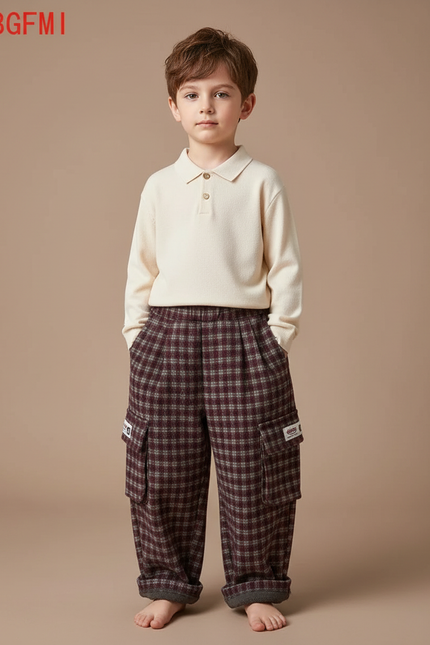 Pantalon À Pince Carreaux Ample Laine Cargo Enfant - Bordeaux Tweed