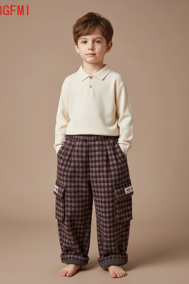Pantalon À Pince Carreaux Ample Laine Cargo Enfant - Bordeaux Tweed