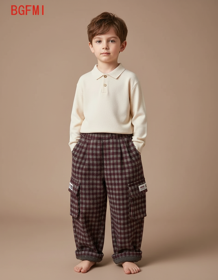 Pantalon À Pince Carreaux Ample Laine Cargo Enfant - Bordeaux Tweed