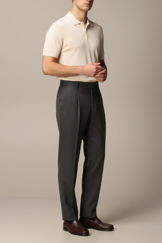 Pantalon À Pince Gris Anthracite Laine Droit Plissé Homme