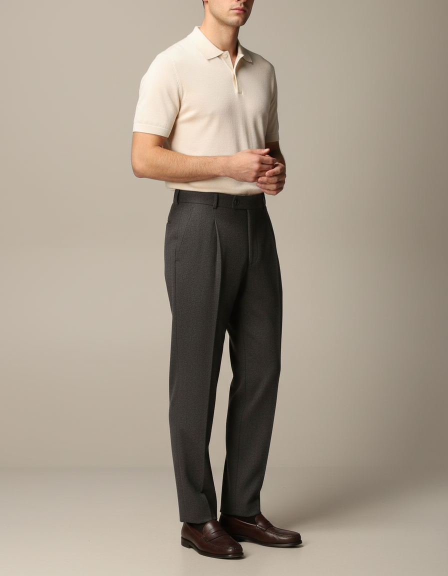 Pantalon À Pince Gris Anthracite Laine Droit Plissé Homme