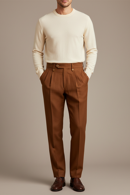 Pantalon À Pince Marron Plissé Droit Homme Élégant - Laine