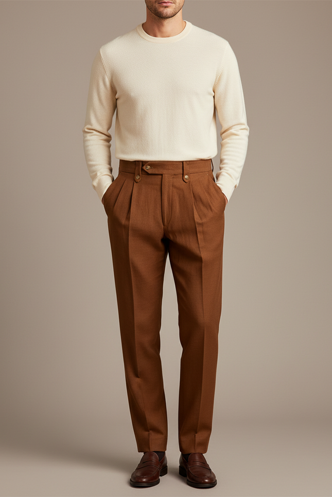 Pantalon À Pince Marron Plissé Droit Homme Élégant - Laine