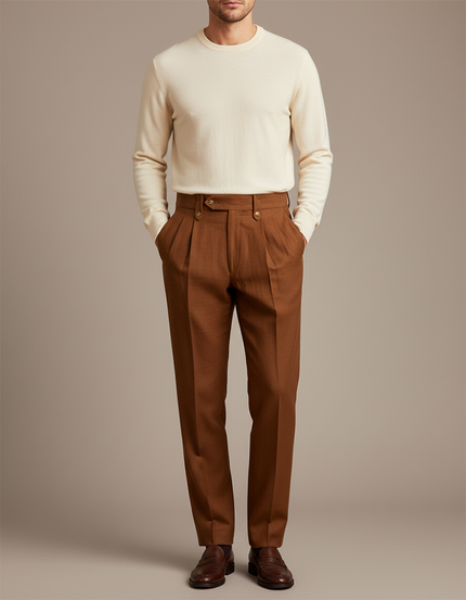 Pantalon À Pince Marron Plissé Droit Homme Élégant - Laine
