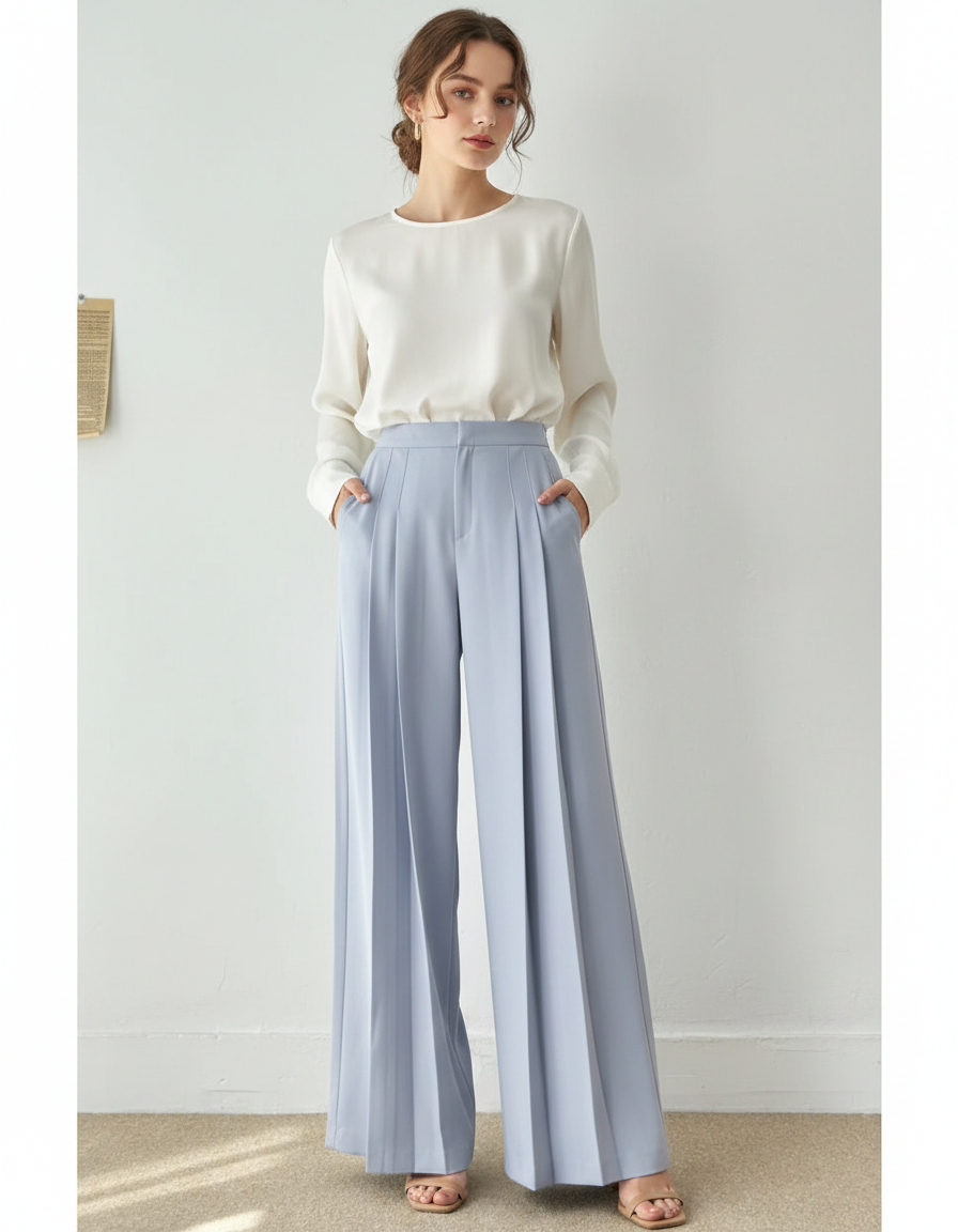 Pantalon À Pince Patte D’éléphant - Bleu Polyester