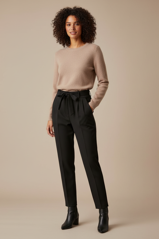 Pantalon À Pince Noir Ceinturé Taille Haute Élégant - Polyester
