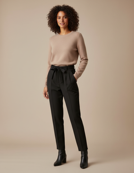 Pantalon À Pince Noir Ceinturé Taille Haute Élégant - Polyester