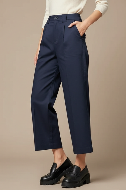Pantalon À Pince Bleu Marine Ample Plissé Décontracté Femme - Gabardine