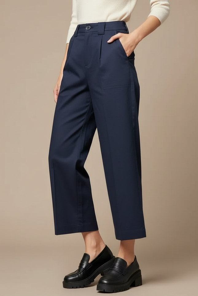 Pantalon À Pince Bleu Marine Ample Plissé Décontracté Femme - Gabardine