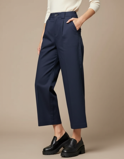 Pantalon À Pince Bleu Marine Ample Plissé Décontracté Femme - Gabardine