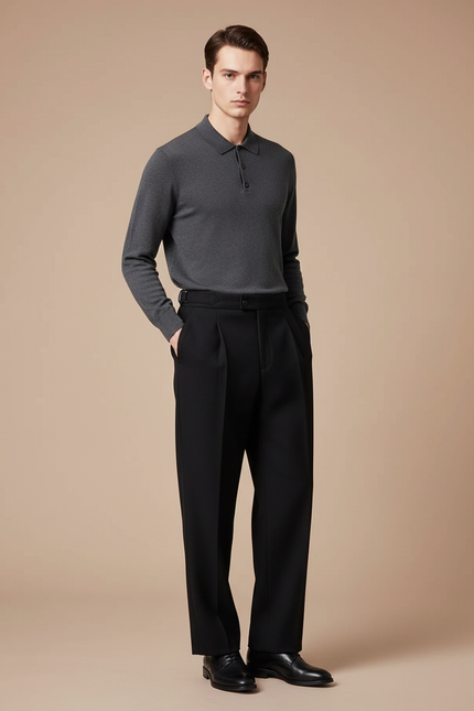 Pantalon À Pince Noir Droit Laine Plissé Homme