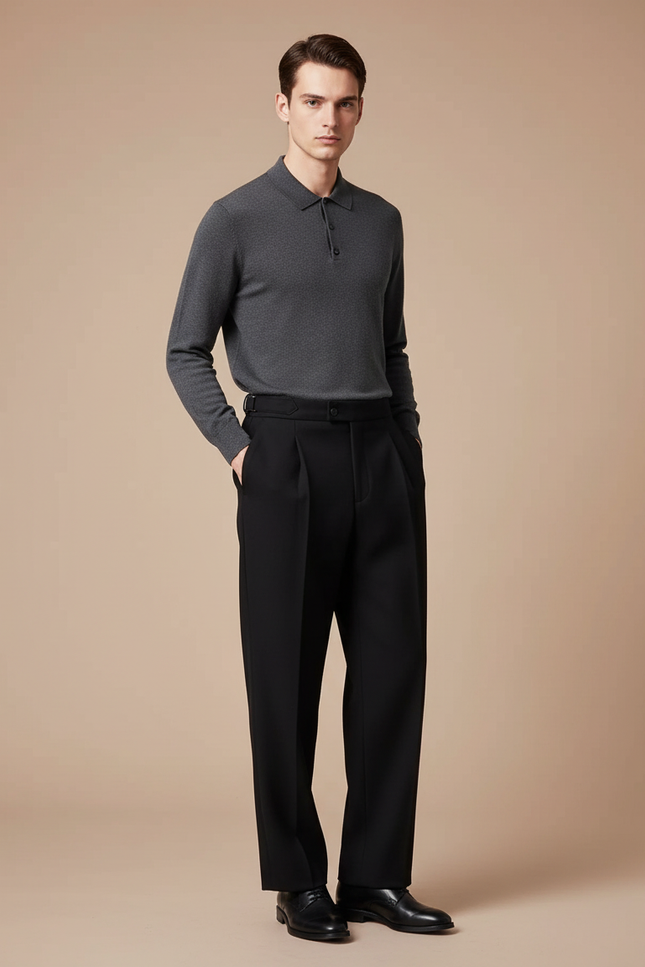Pantalon À Pince Noir Droit Laine Plissé Homme