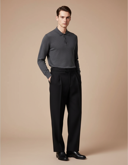 Pantalon À Pince Noir Droit Laine Plissé Homme