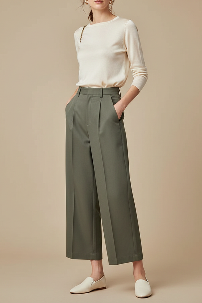 Pantalon À Pince Kaki Ample Décontracté Fluide Femme - Gabardine