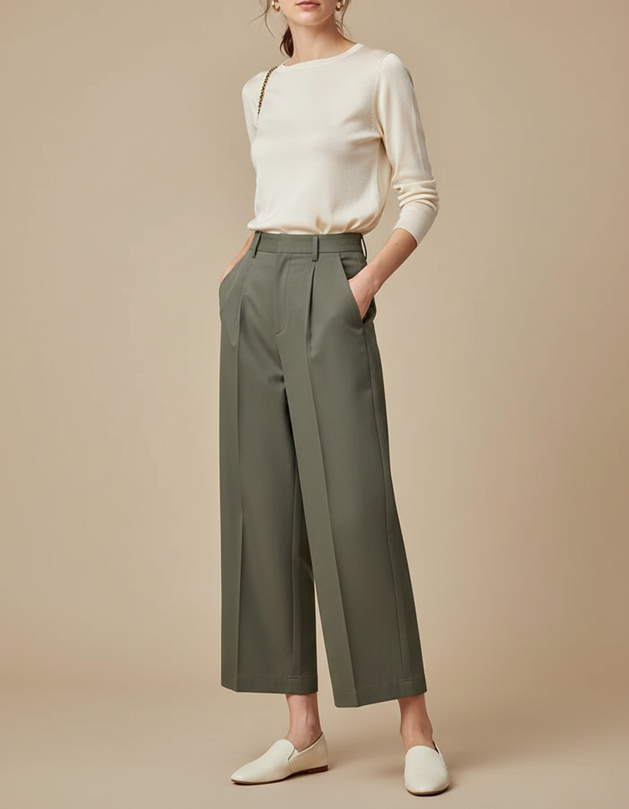 Pantalon À Pince Kaki Ample Décontracté Fluide Femme - Gabardine