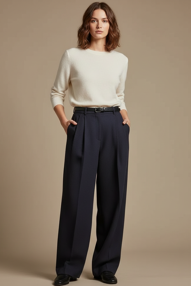 Pantalon À Pince Bleu Marine Ample Laine Plissé Élégant