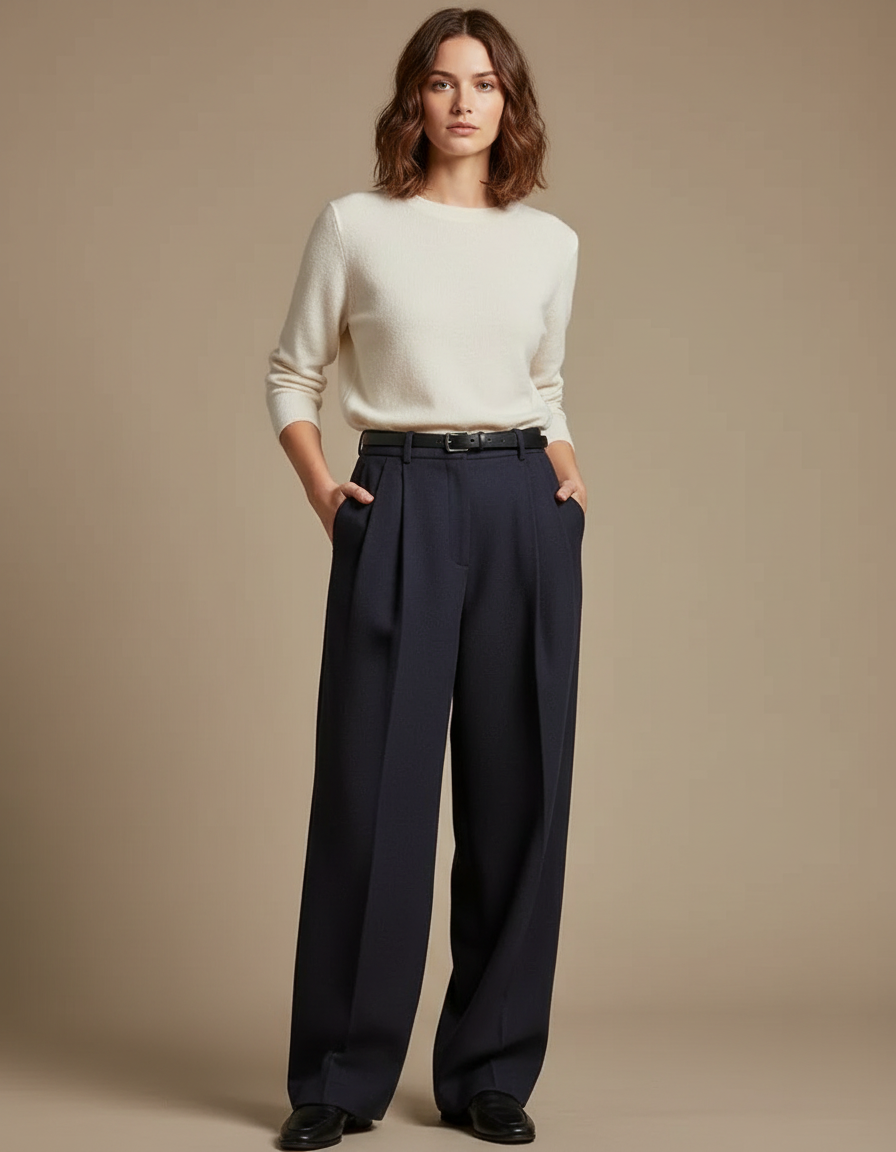 Pantalon À Pince Bleu Marine Ample Laine Plissé Élégant