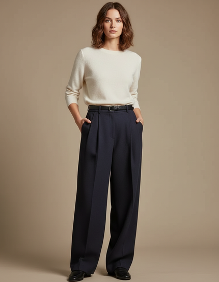 Pantalon À Pince Bleu Marine Ample Laine Plissé Élégant