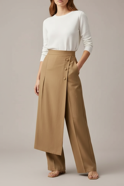 Pantalon À Pince Kaki Ample Décontracté Boutons Femme - Gabardine