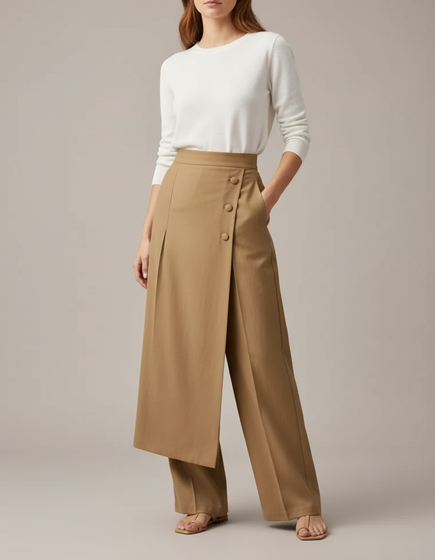 Pantalon À Pince Kaki Ample Décontracté Boutons Femme - Gabardine