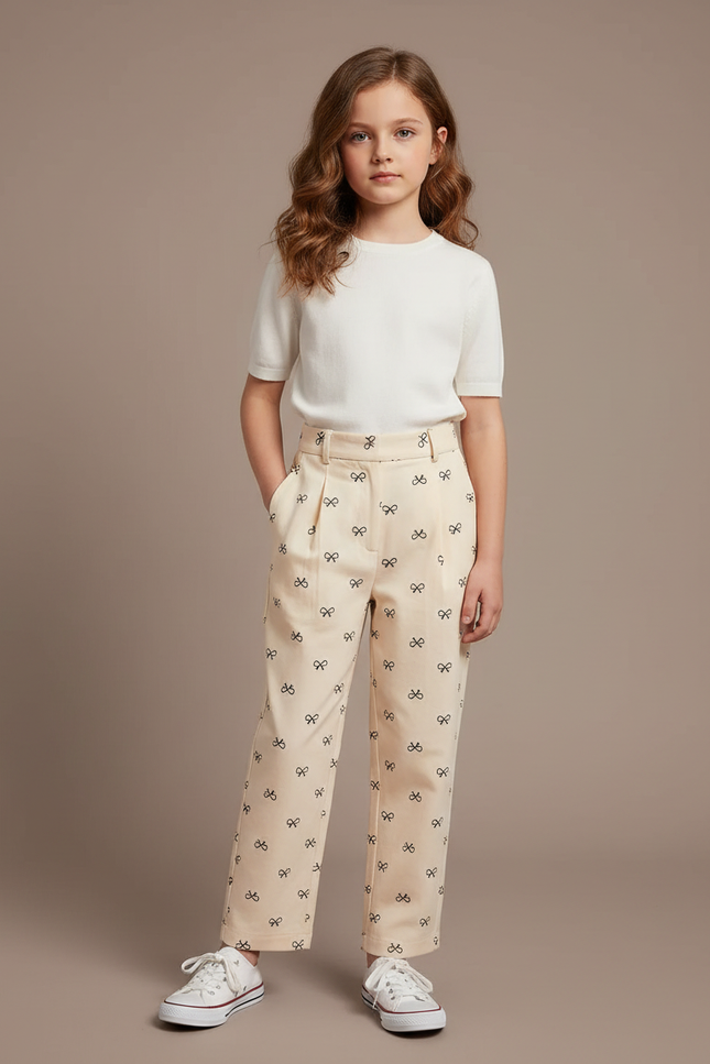Pantalon À Pince Écru Droit Imprimé Nœuds Fille - Beige Gabardine