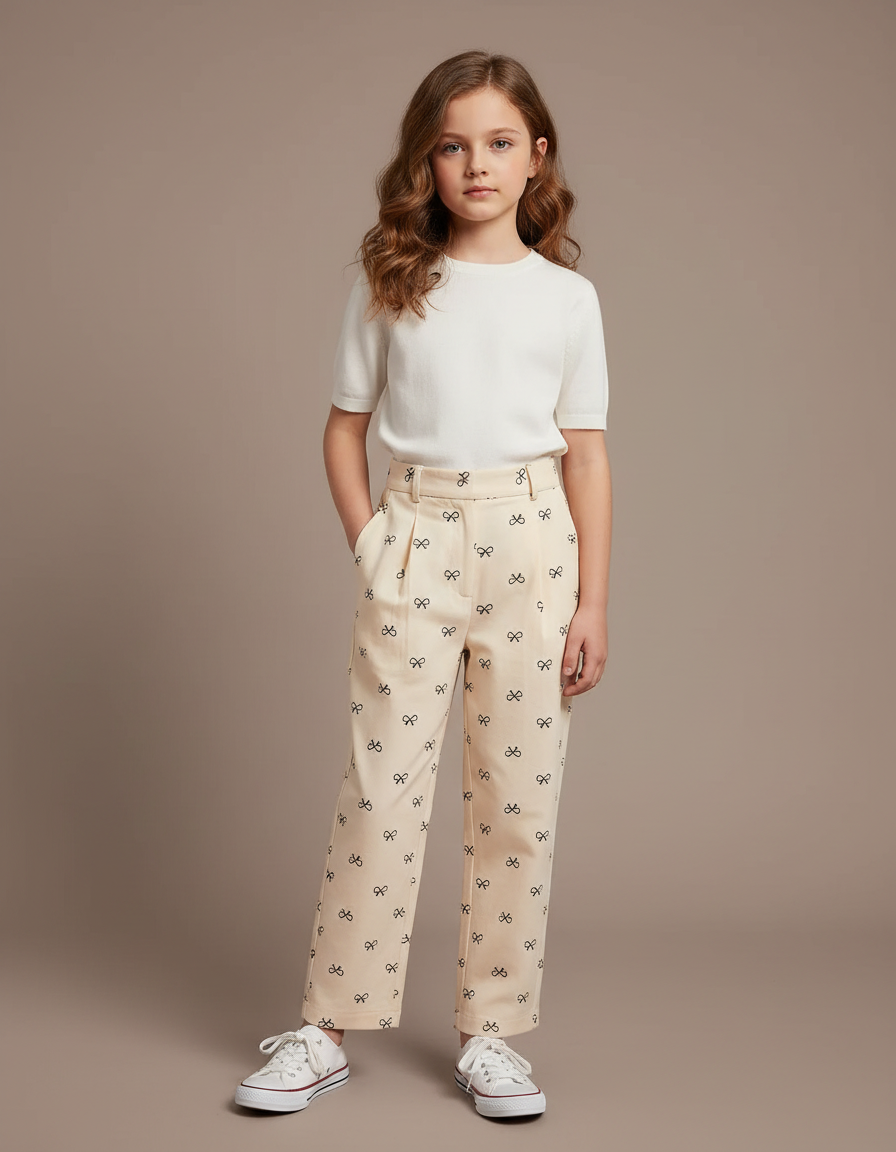 Pantalon À Pince Écru Droit Imprimé Nœuds Fille - Beige Gabardine