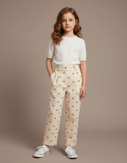 Pantalon À Pince Écru Droit Imprimé Nœuds Fille - Beige Gabardine