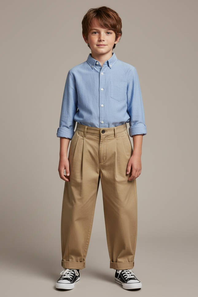 Pantalon À Pince Kaki Plissé Ample Décontracté Garçon - Toile