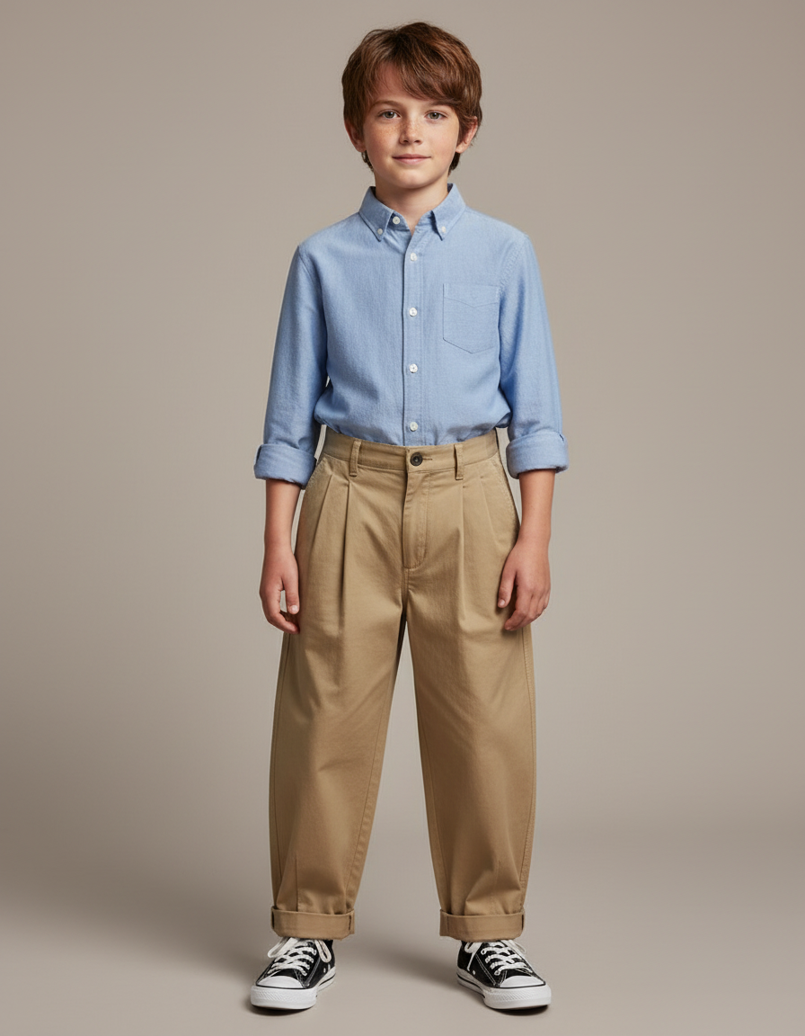 Pantalon À Pince Kaki Plissé Ample Décontracté Garçon - Toile