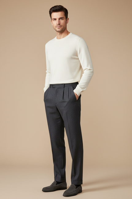 Pantalon À Pince Gris Foncé Plissé Droit Homme - Laine