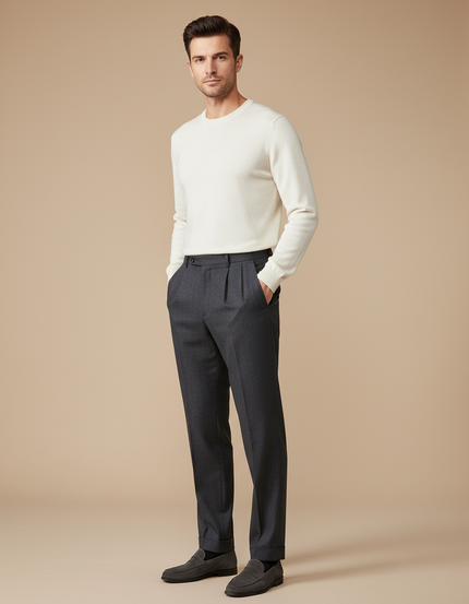 Pantalon À Pince Gris Foncé Plissé Droit Homme - Laine