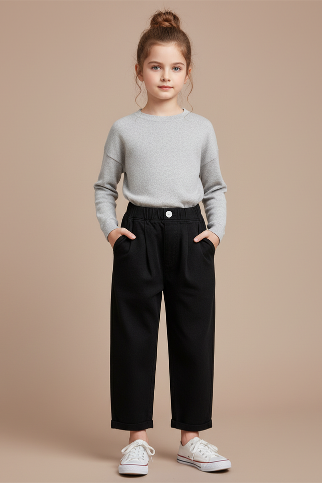 Pantalon À Pince Noir Coton Ample Décontracté Enfant