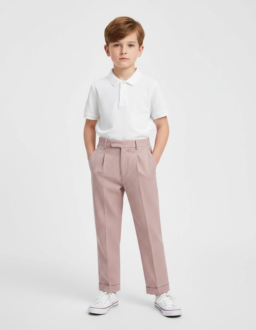 Pantalon À Pince Rose Plissé Droit Garçon Élégant - Gabardine
