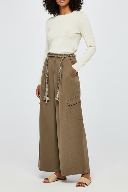 Pantalon À Pince Kaki Ample Décontracté Coton Ceinturé