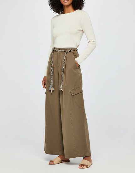 Pantalon À Pince Kaki Ample Décontracté Coton Ceinturé