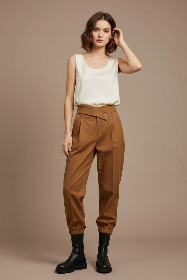Pantalon À Pince Marron Taille Haute Décontracté Femme - Gabardine