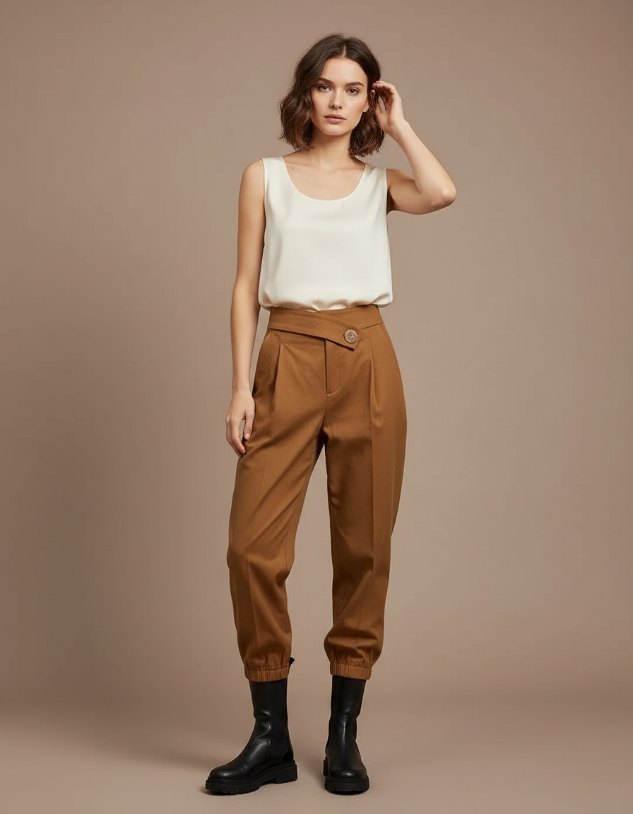 Pantalon À Pince Marron Taille Haute Décontracté Femme - Gabardine