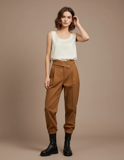 Pantalon À Pince Marron Taille Haute Décontracté Femme - Gabardine