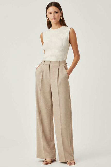 Pantalon À Pince Beige Ample Droit Élégant - Laine
