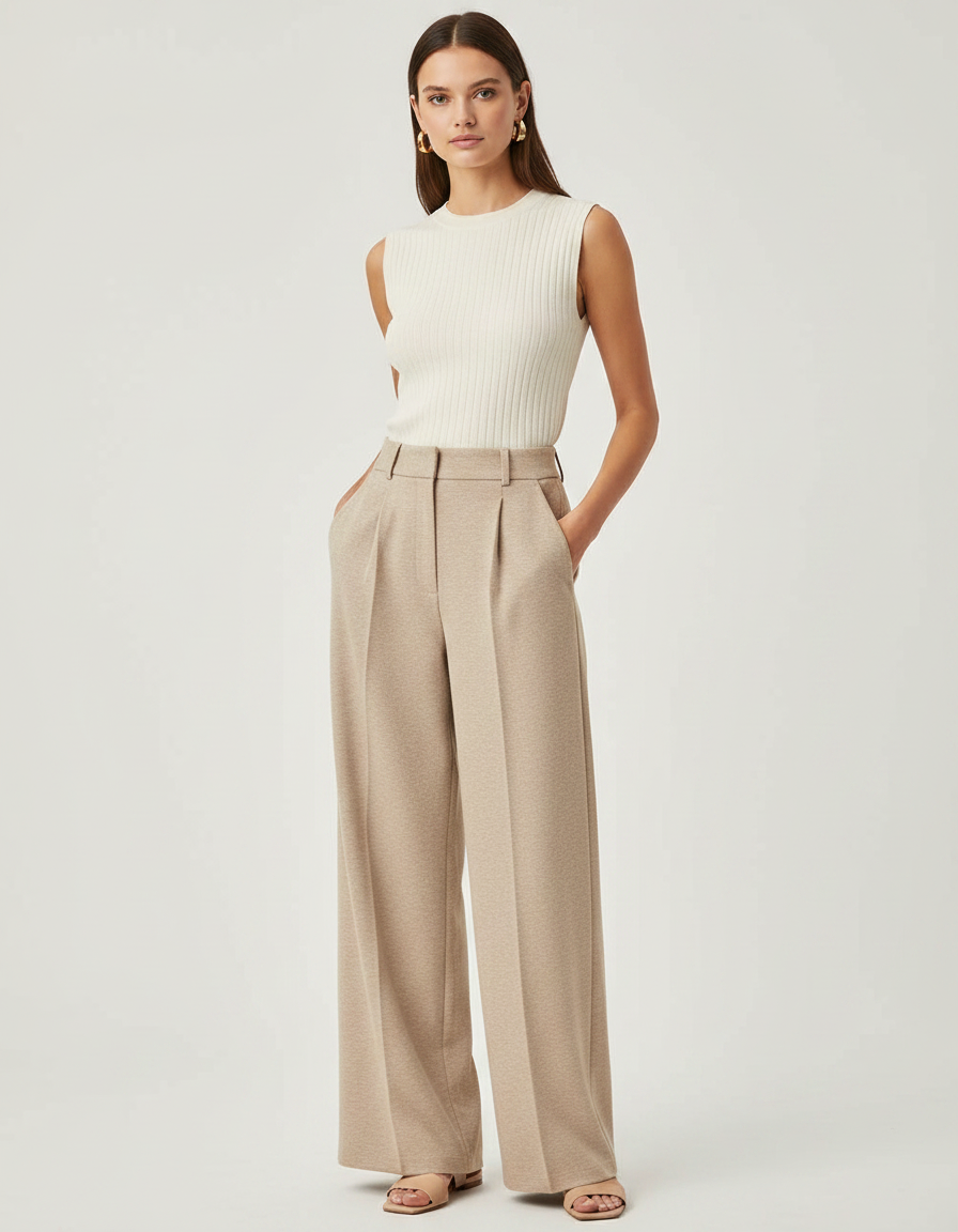 Pantalon À Pince Beige Ample Droit Élégant - Laine