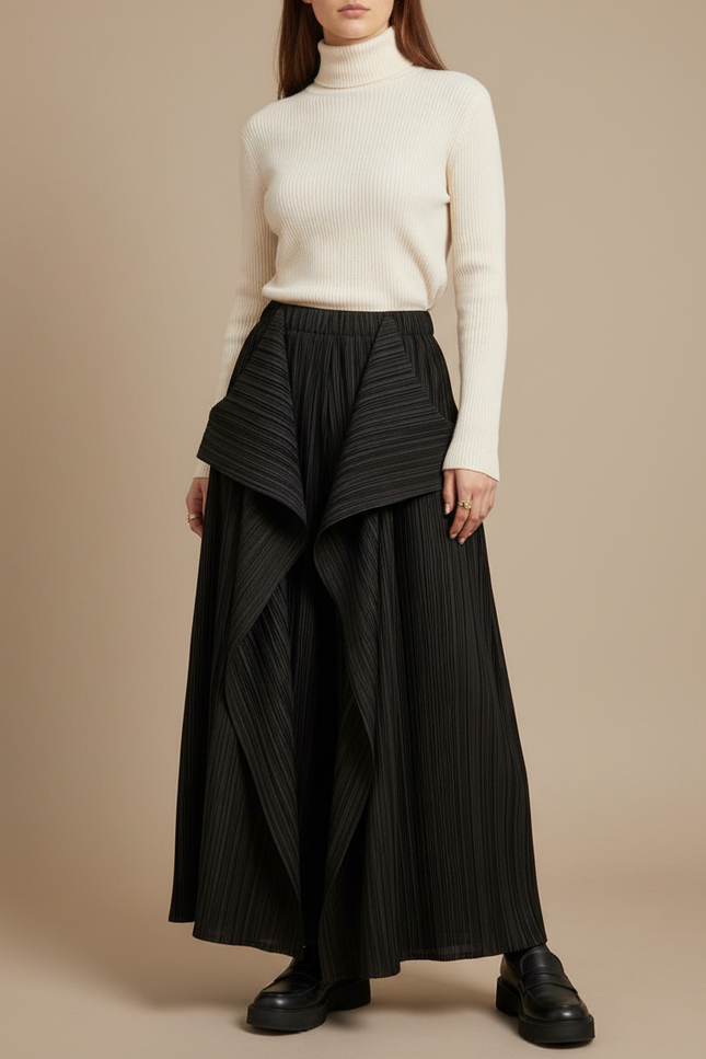 Pantalon À Pince Noir Plissé Ample Irrégulier Fluide Femme - Polyester