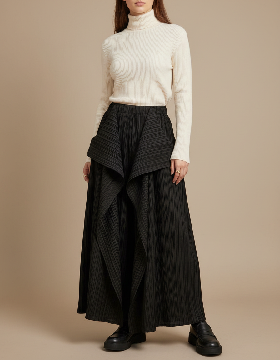 Pantalon À Pince Noir Plissé Ample Irrégulier Fluide Femme - Polyester