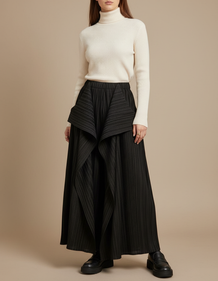 Pantalon À Pince Noir Plissé Ample Irrégulier Fluide Femme - Polyester