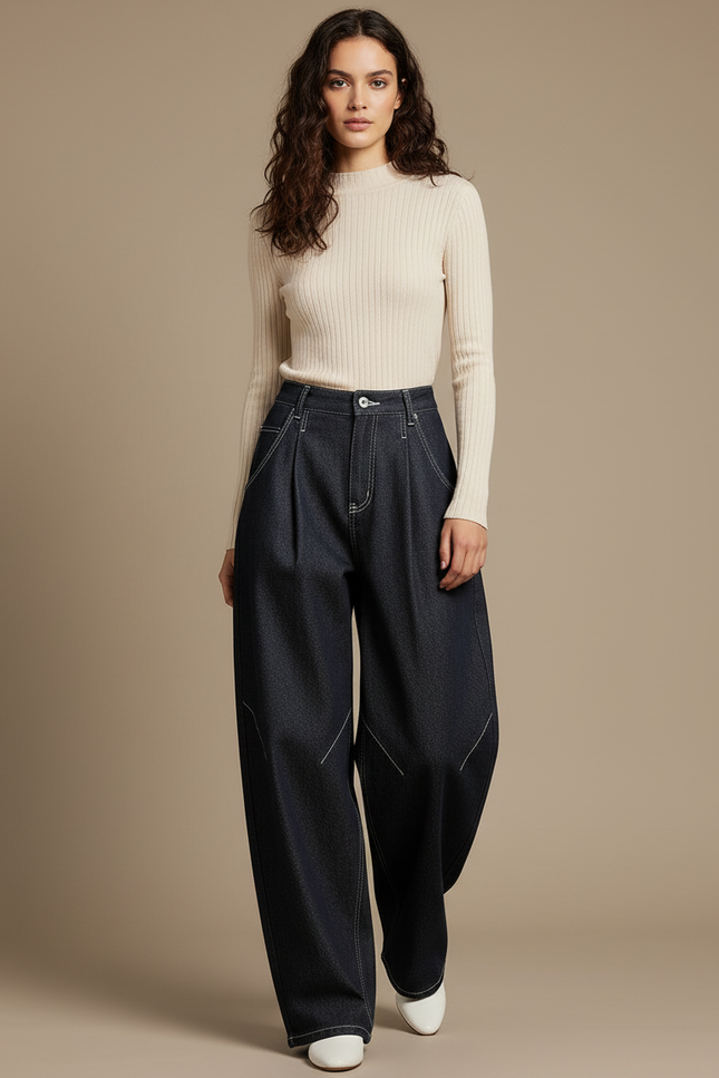 Pantalon À Pince Denim Plissé Ample Décontracté Femme - Marine Jean