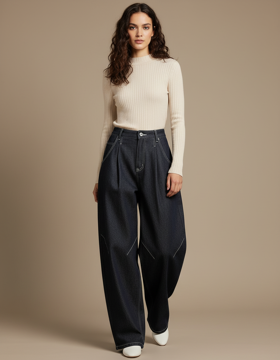 Pantalon À Pince Denim Plissé Ample Décontracté Femme - Marine Jean