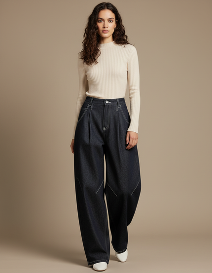 Pantalon À Pince Denim Plissé Ample Décontracté Femme - Marine Jean