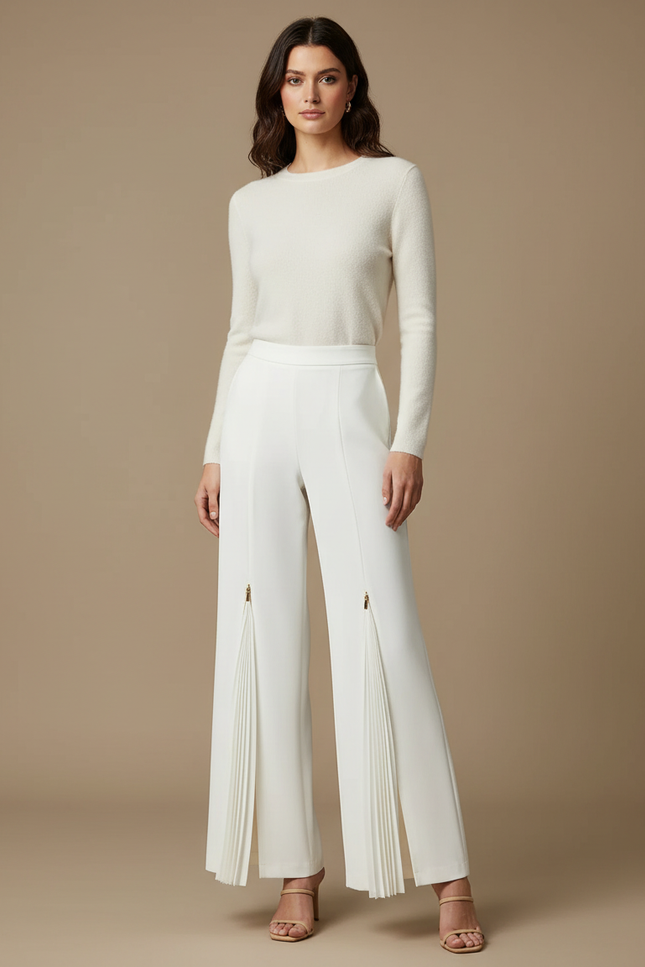 Pantalon À Pince Blanc Plissé Fluide Élégant Femme - Polyester