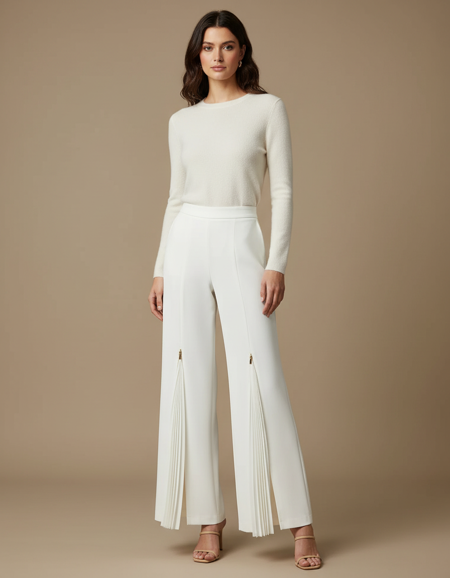 Pantalon À Pince Blanc Plissé Fluide Élégant Femme - Polyester